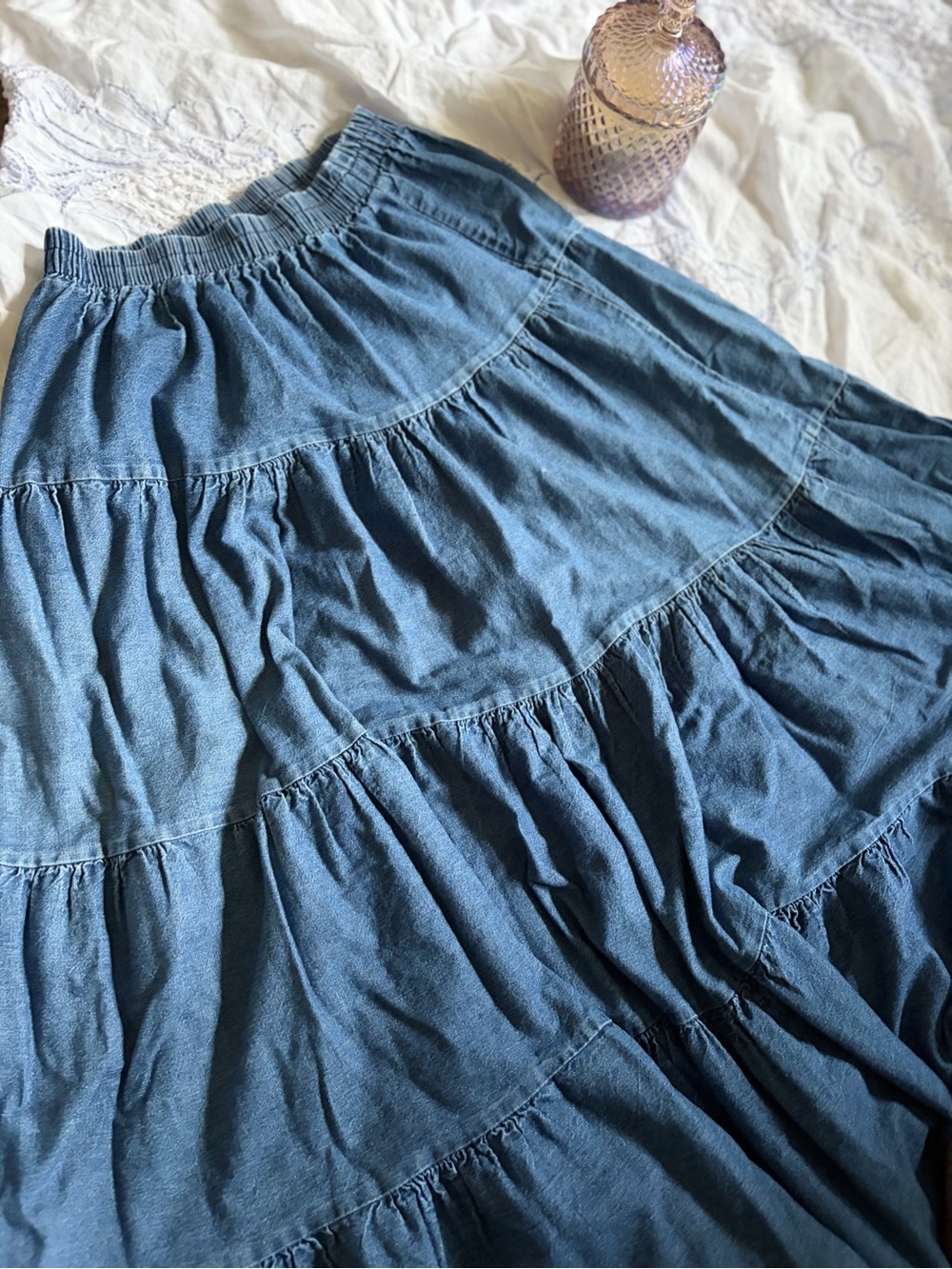 Vintage Cottagecore Blue Tiered Denim Maxi Skirt